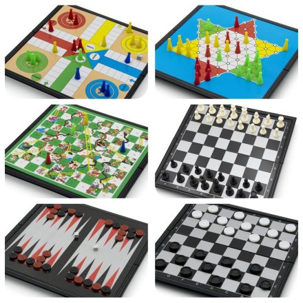 6 az 1-ben családi társasjáték, sakk készlet 18 x 17,5 cm