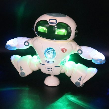 Zenélő, világító és táncoló robot, megemeli a lábait