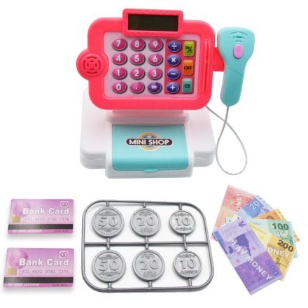Játék pénztárgép, pénzzel és bankkártyával - rózsaszín